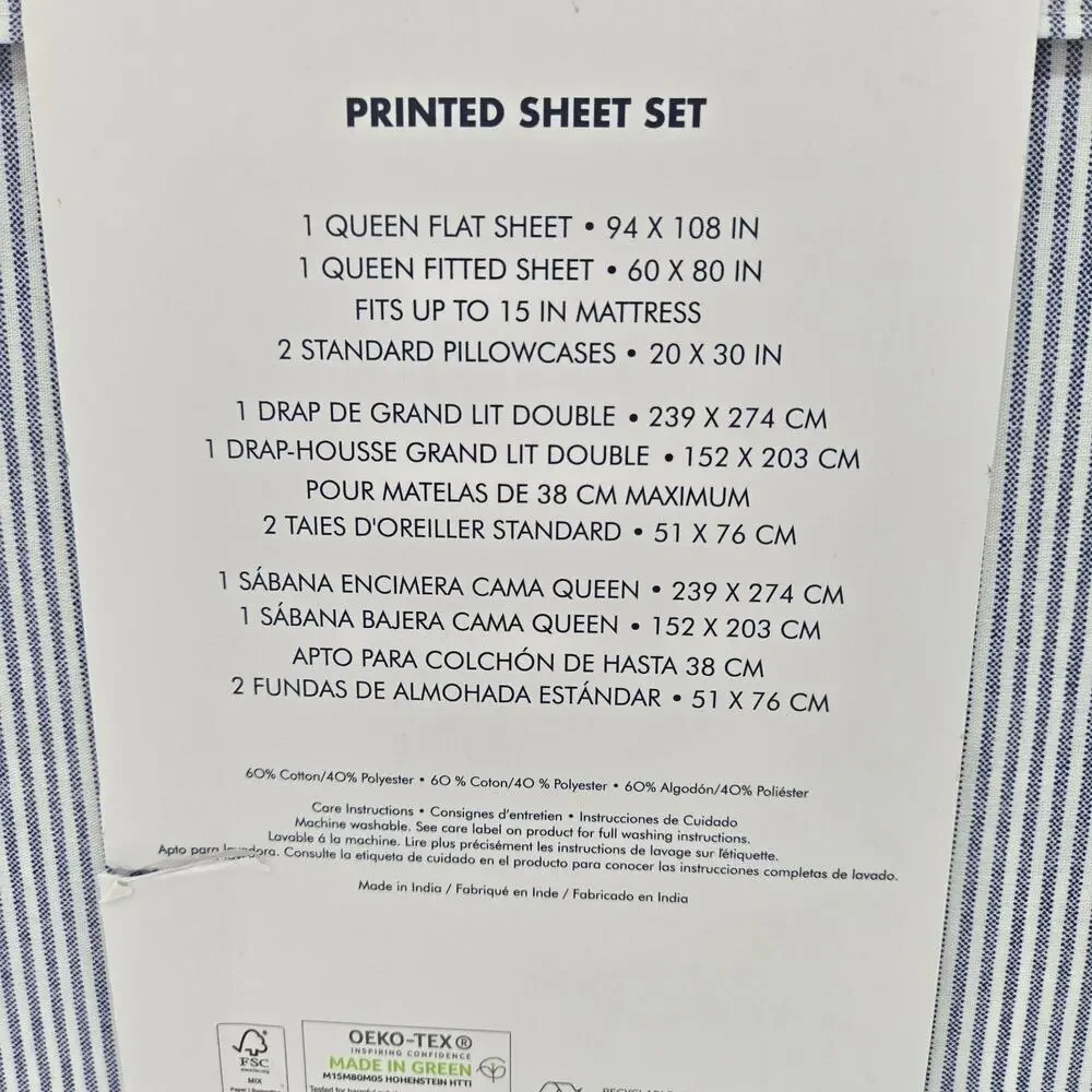 Tommy Hilfiger 4 Piece Queen Size Sheet Set Ithaca Thin Blue White Oxford NEW